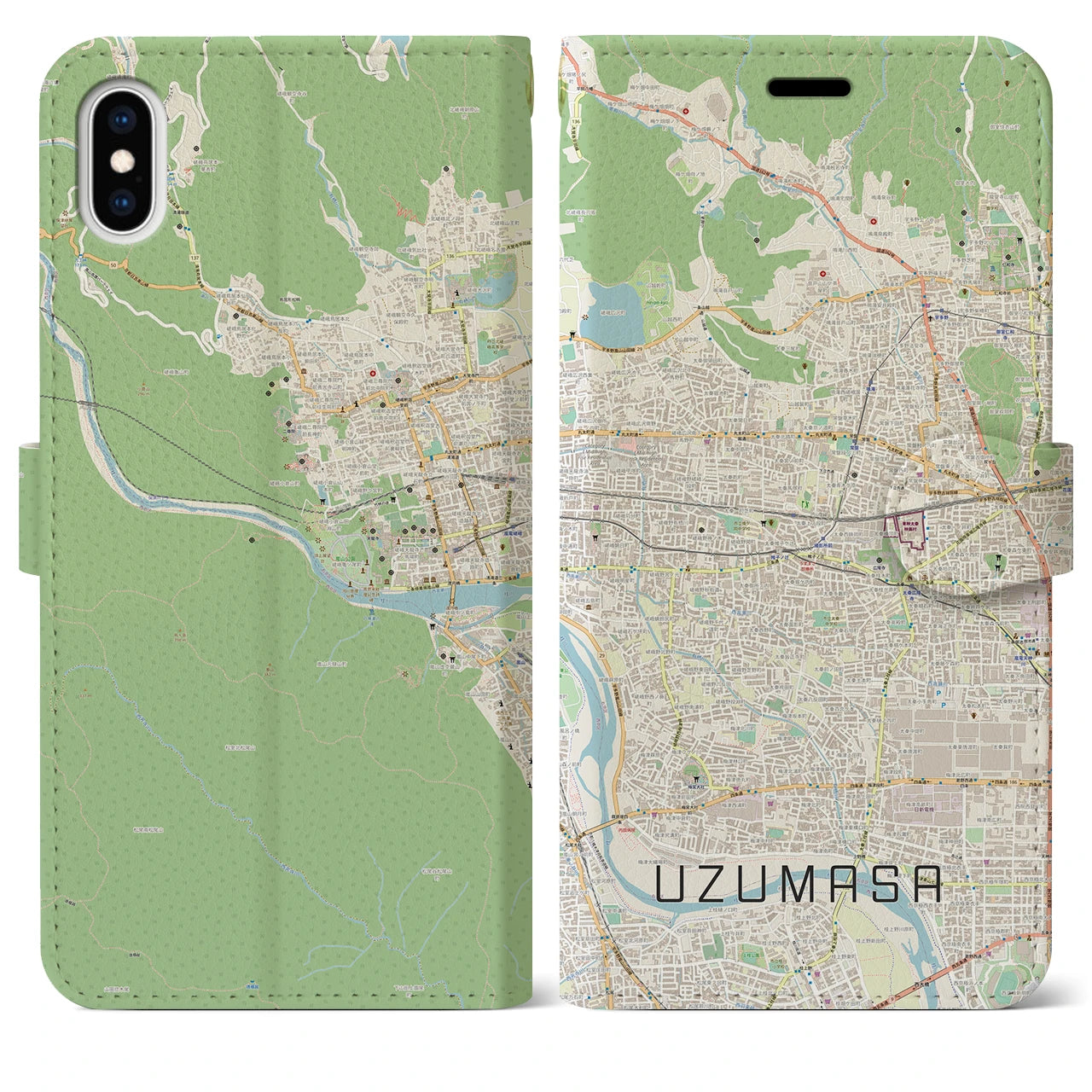 【太秦】地図柄iPhoneケース（手帳両面タイプ・ナチュラル）iPhone XS Max 用
