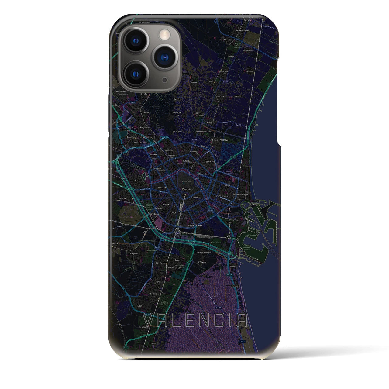 【バレンシア】地図柄iPhoneケース（バックカバータイプ・ブラック）iPhone 11 Pro Max 用