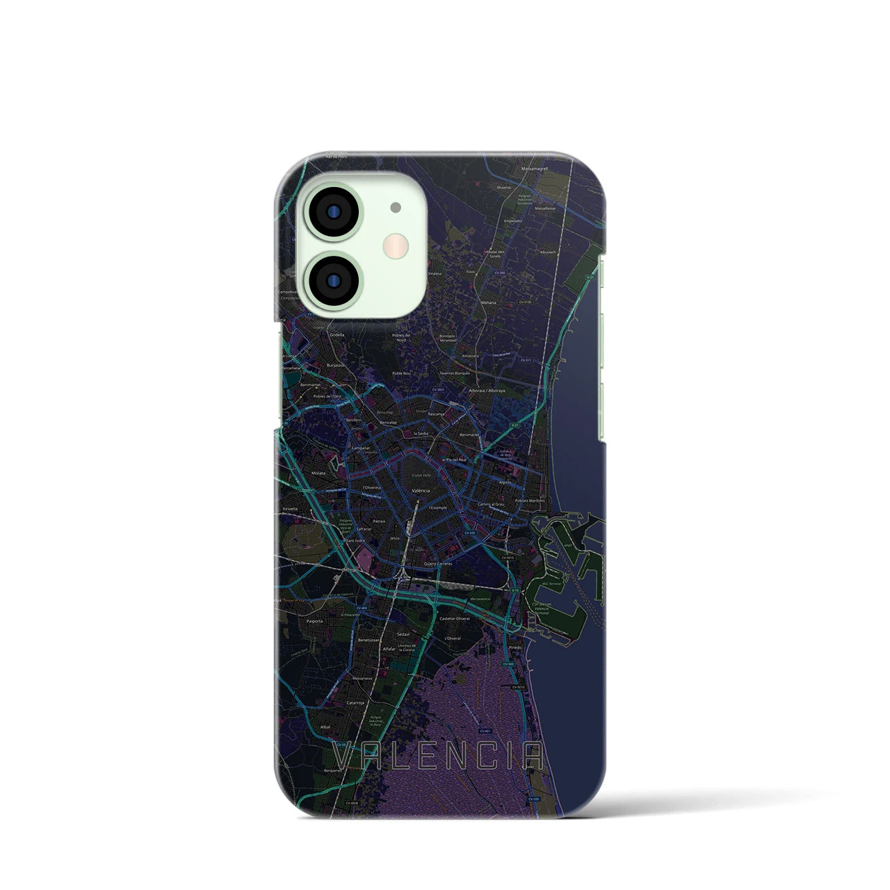 【バレンシア】地図柄iPhoneケース（バックカバータイプ・ブラック）iPhone 12 mini 用