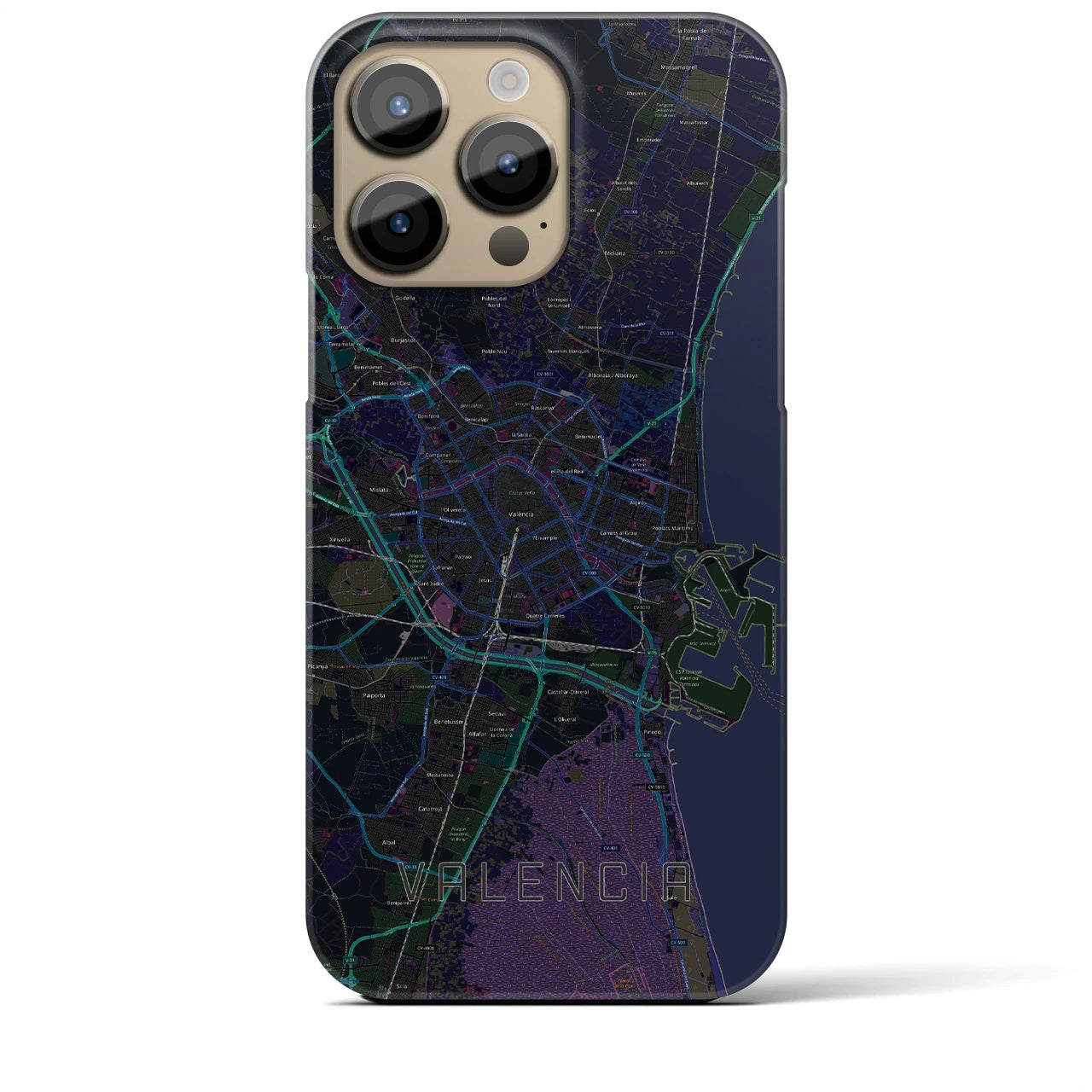 【バレンシア】地図柄iPhoneケース（バックカバータイプ・ブラック）iPhone 14 Pro Max 用