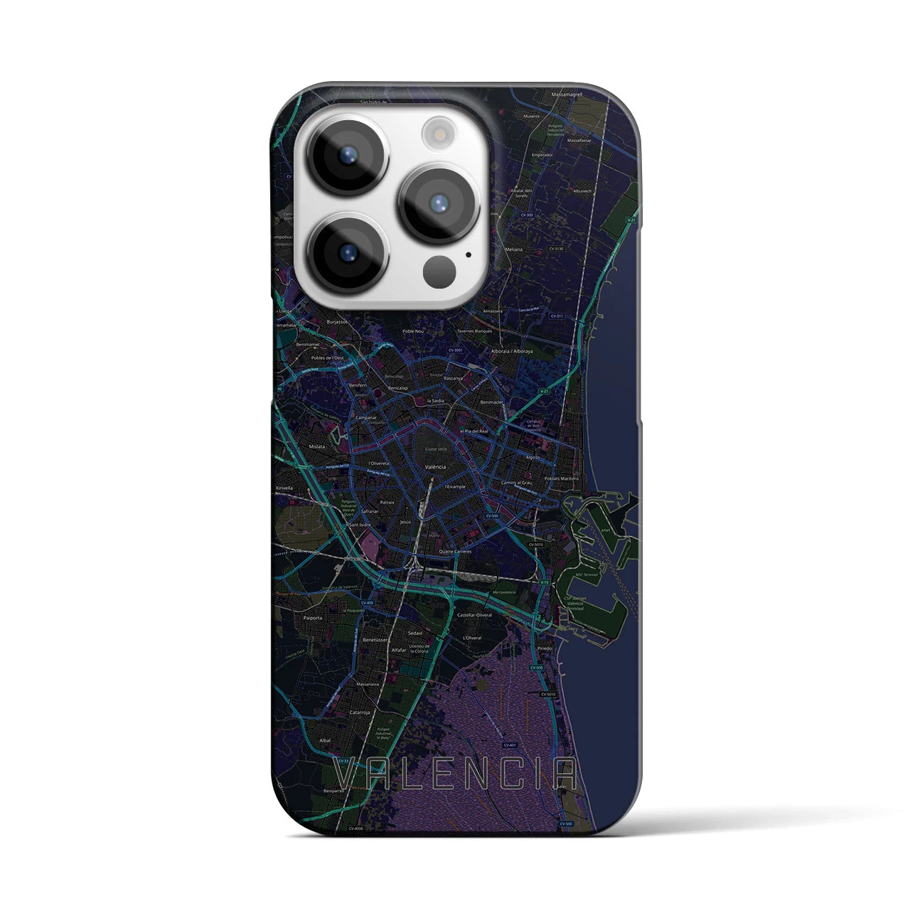 【バレンシア】地図柄iPhoneケース（バックカバータイプ・ブラック）iPhone 14 Pro 用