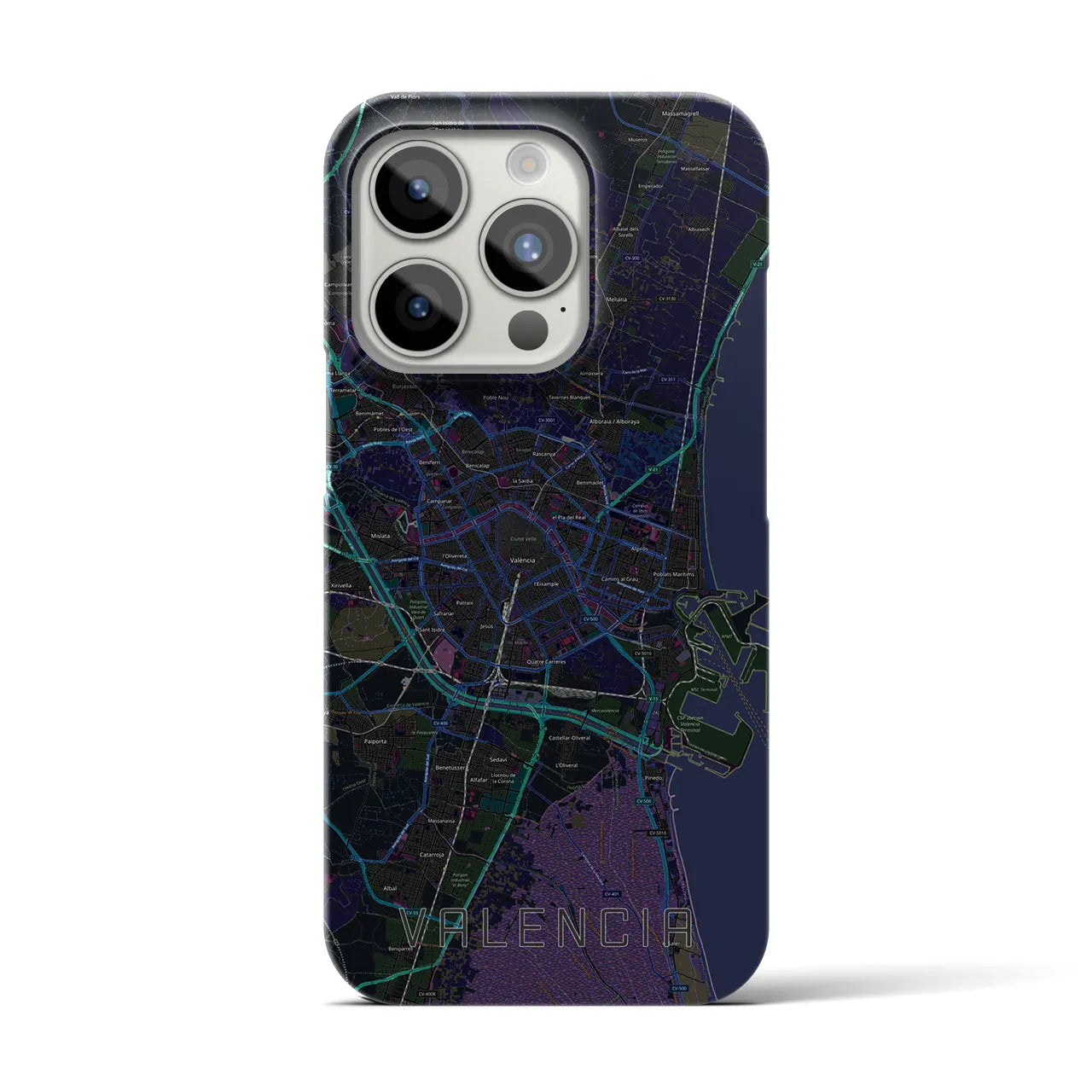 【バレンシア】地図柄iPhoneケース（バックカバータイプ・ブラック）iPhone 15 Pro 用
