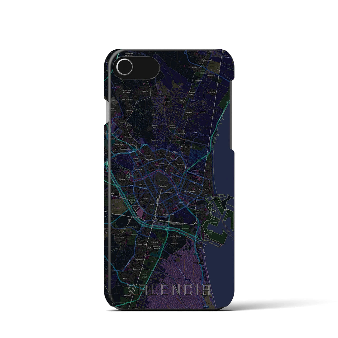 【バレンシア】地図柄iPhoneケース（バックカバータイプ・ブラック）iPhone SE（第3 / 第2世代） / 8 / 7 / 6s / 6 用