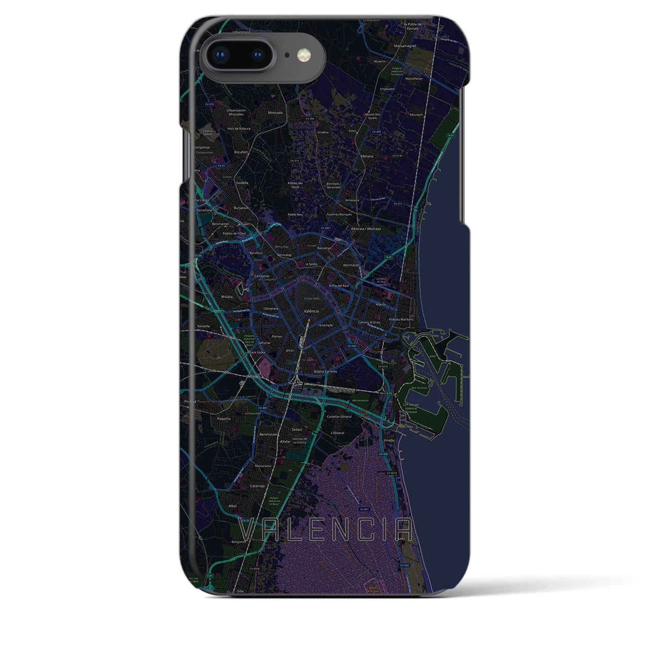 【バレンシア】地図柄iPhoneケース（バックカバータイプ・ブラック）iPhone 8Plus /7Plus / 6sPlus / 6Plus 用