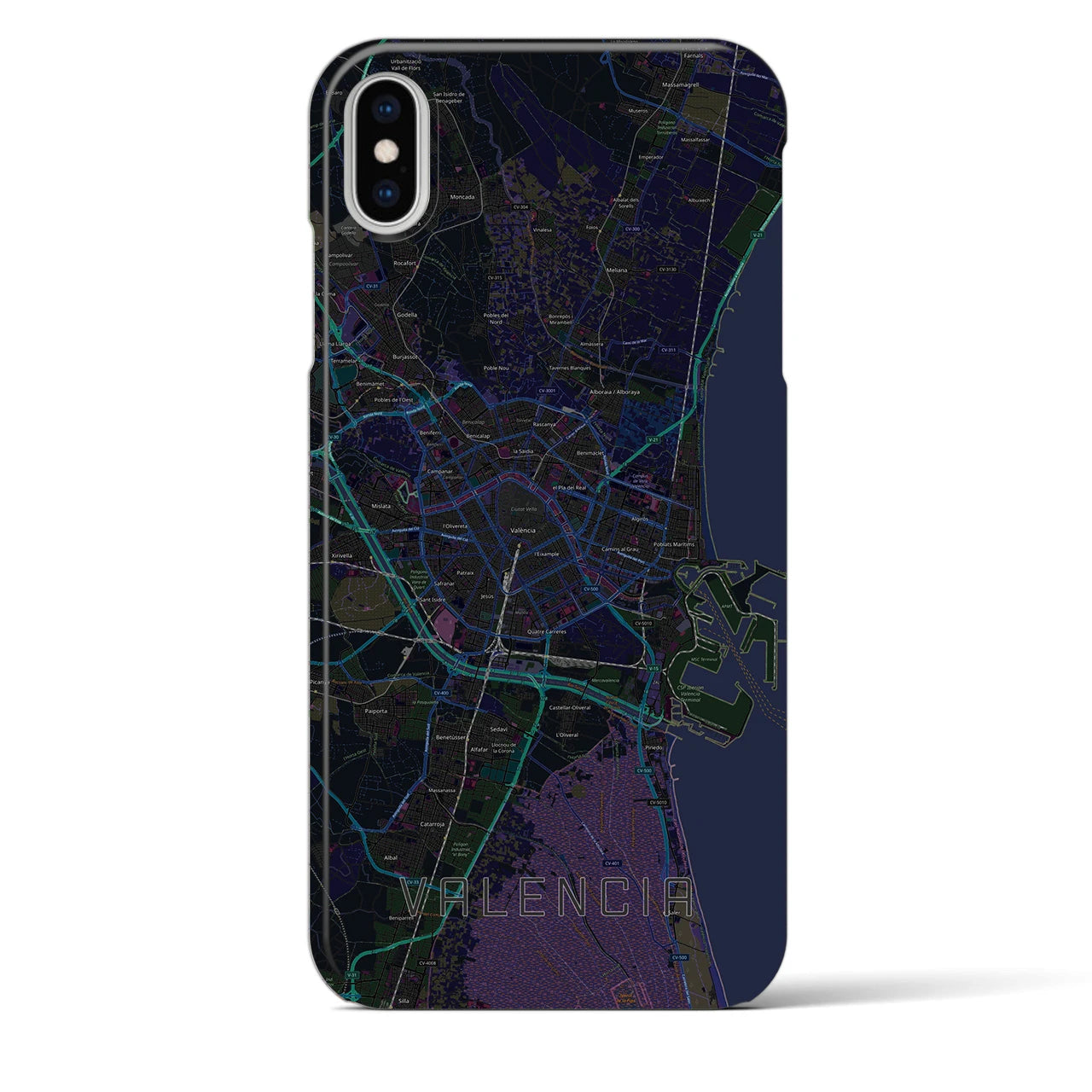 【バレンシア】地図柄iPhoneケース（バックカバータイプ・ブラック）iPhone XS Max 用