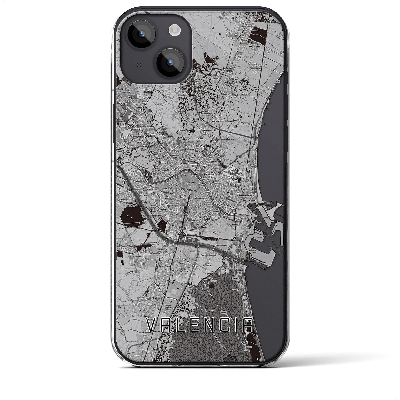 【バレンシア】地図柄iPhoneケース（クリアタイプ・モノトーン）iPhone 14 Plus 用