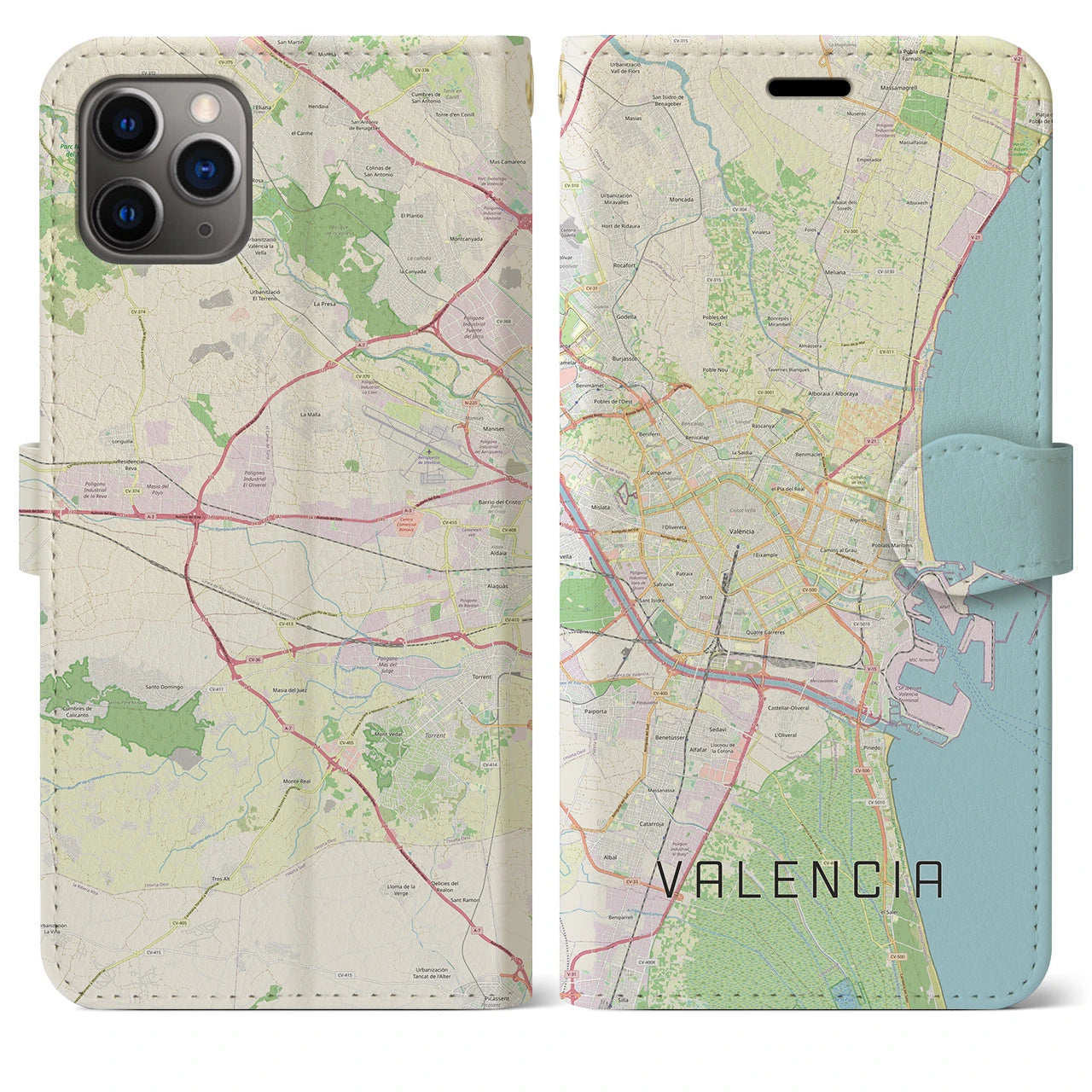【バレンシア】地図柄iPhoneケース（手帳両面タイプ・ナチュラル）iPhone 11 Pro Max 用