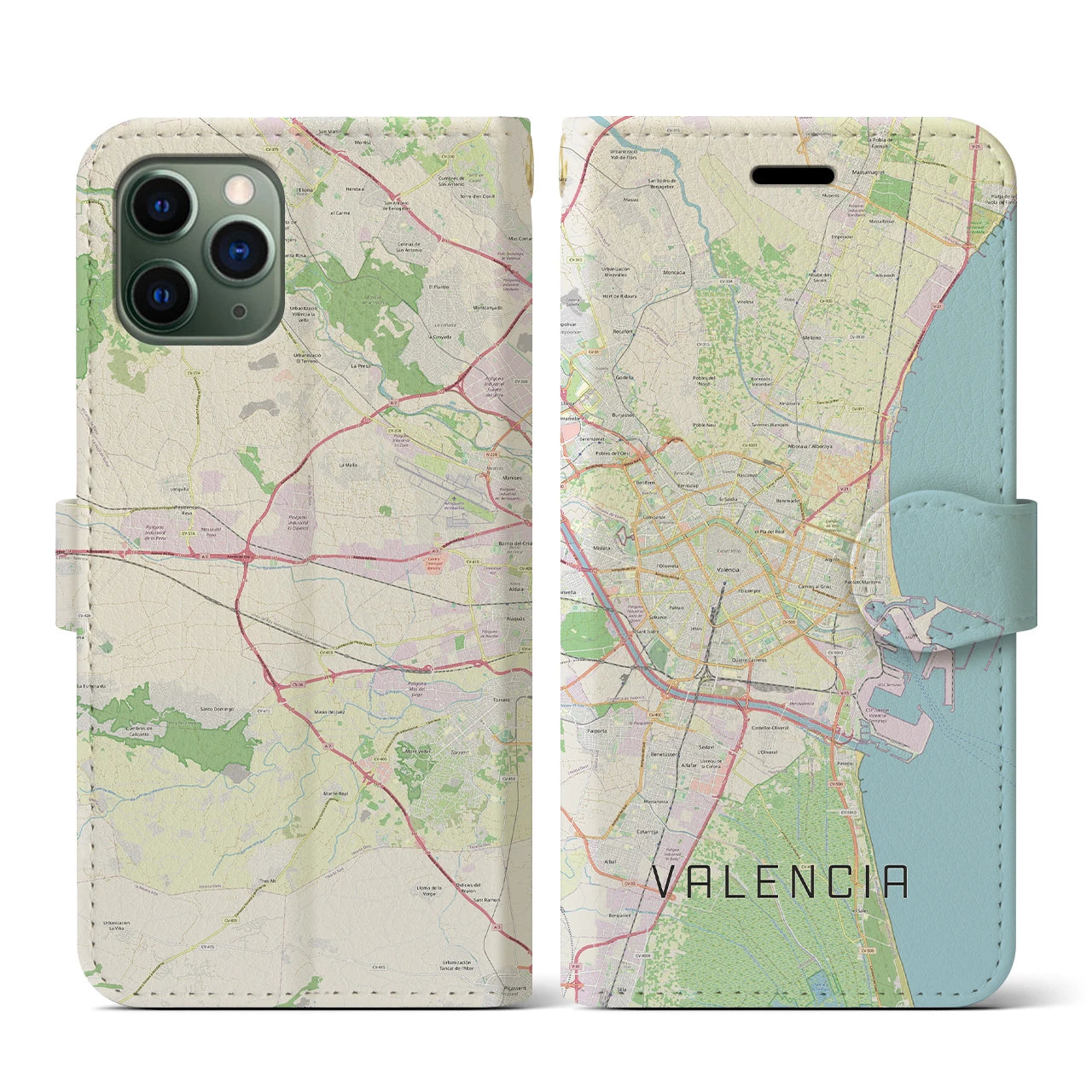 【バレンシア】地図柄iPhoneケース（手帳両面タイプ・ナチュラル）iPhone 11 Pro 用