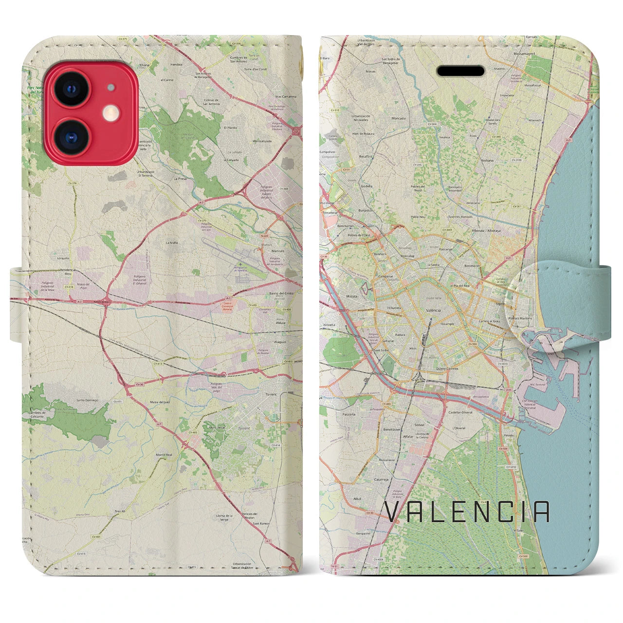 【バレンシア】地図柄iPhoneケース（手帳両面タイプ・ナチュラル）iPhone 11 用