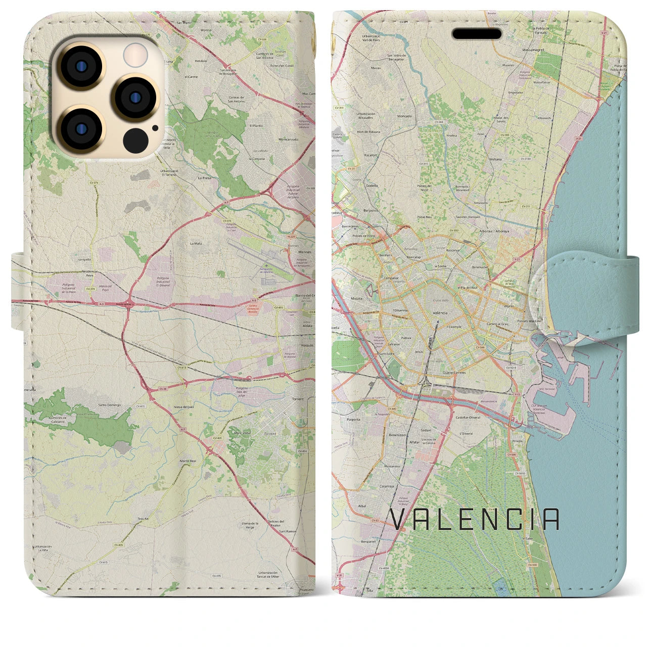 【バレンシア】地図柄iPhoneケース（手帳両面タイプ・ナチュラル）iPhone 12 Pro Max 用