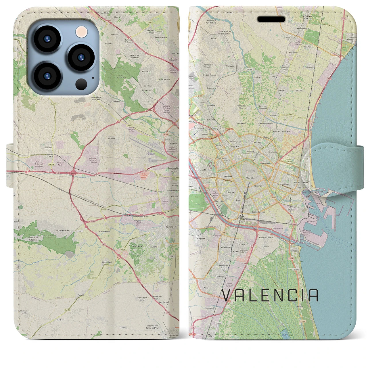 【バレンシア】地図柄iPhoneケース（手帳両面タイプ・ナチュラル）iPhone 13 Pro Max 用