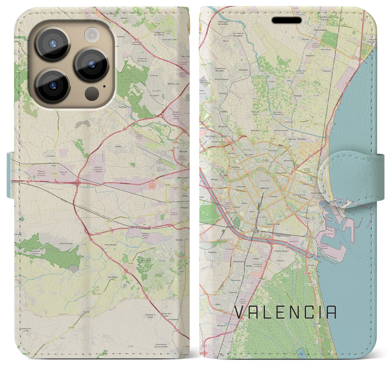 【バレンシア】地図柄iPhoneケース（手帳両面タイプ・ナチュラル）iPhone 14 Pro Max 用