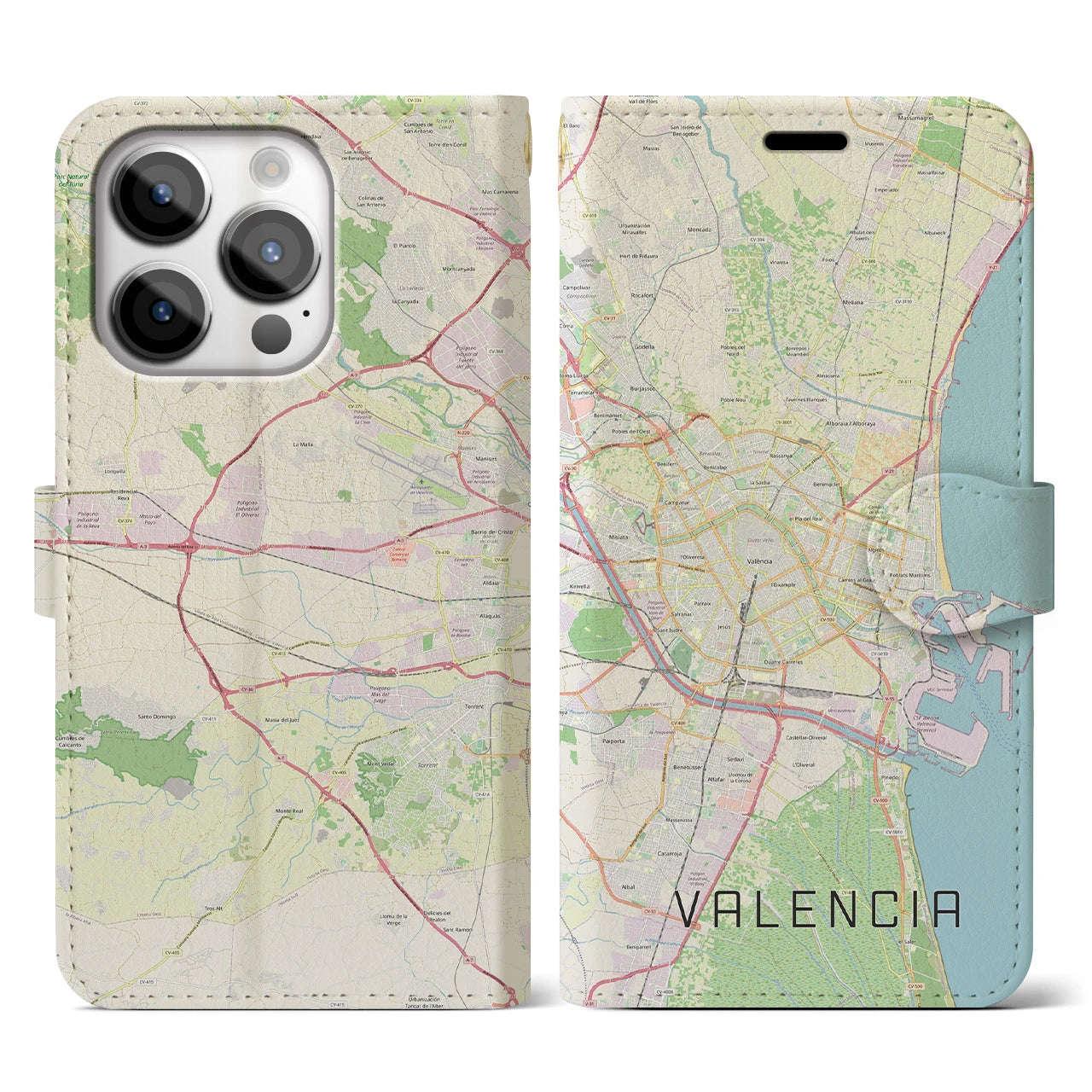【バレンシア】地図柄iPhoneケース（手帳両面タイプ・ナチュラル）iPhone 14 Pro 用