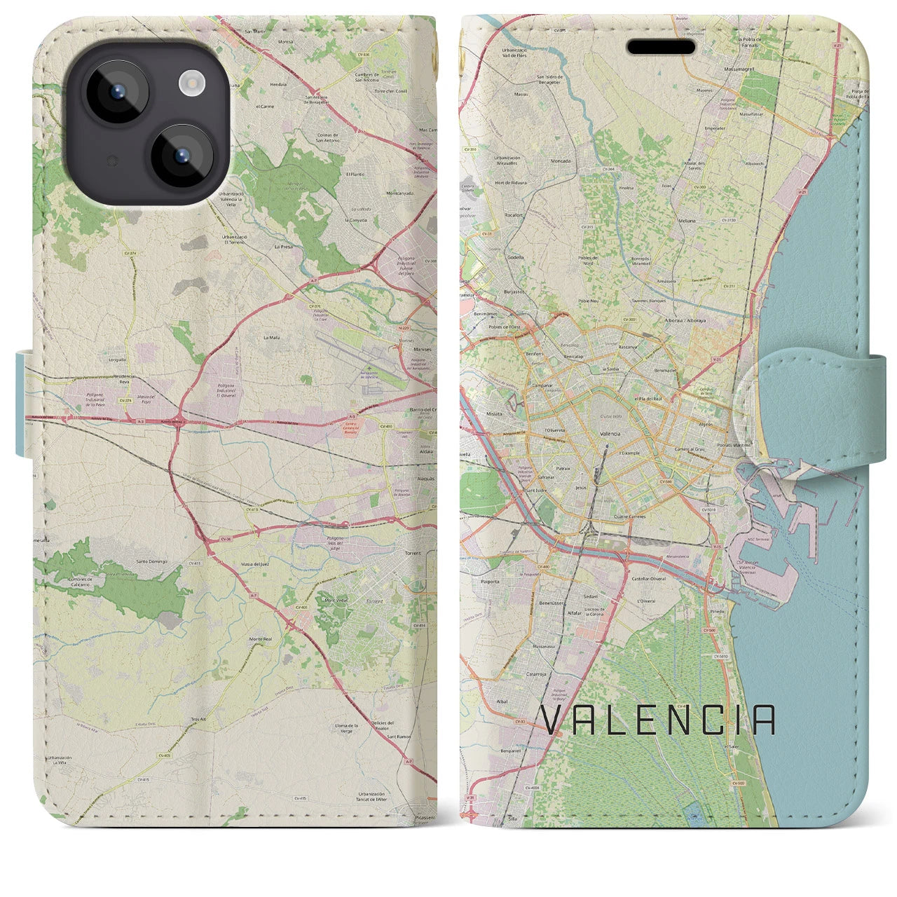 【バレンシア】地図柄iPhoneケース（手帳両面タイプ・ナチュラル）iPhone 14 Plus 用