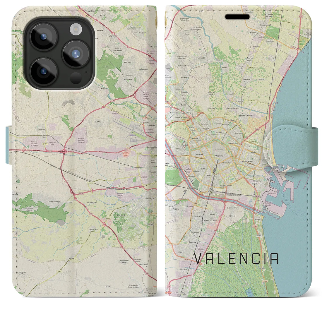 【バレンシア】地図柄iPhoneケース（手帳両面タイプ・ナチュラル）iPhone 15 Pro Max 用