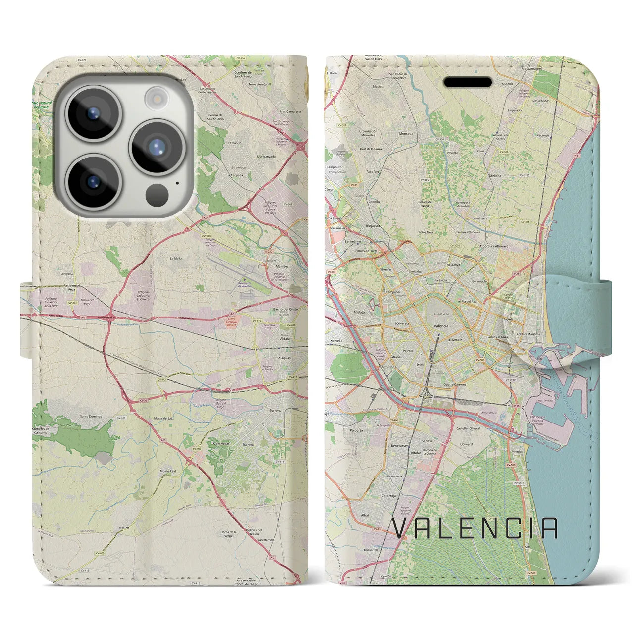 【バレンシア】地図柄iPhoneケース（手帳両面タイプ・ナチュラル）iPhone 15 Pro 用