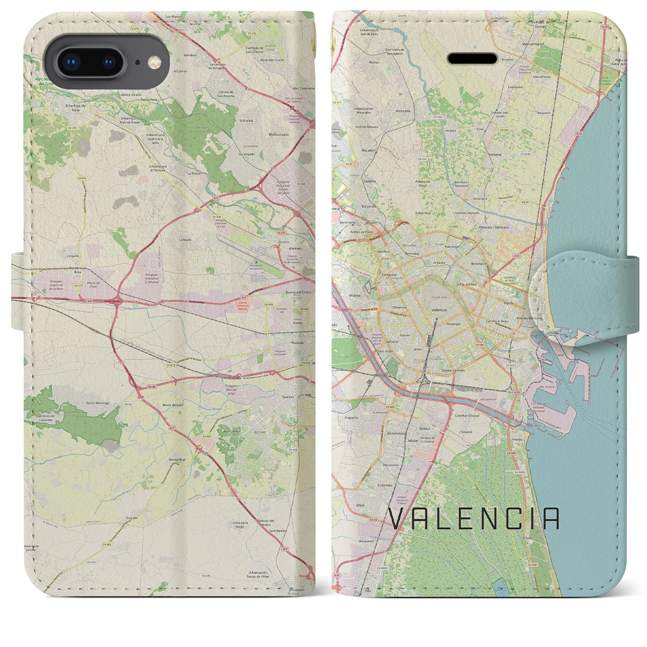 【バレンシア】地図柄iPhoneケース（手帳両面タイプ・ナチュラル）iPhone 8Plus /7Plus / 6sPlus / 6Plus 用
