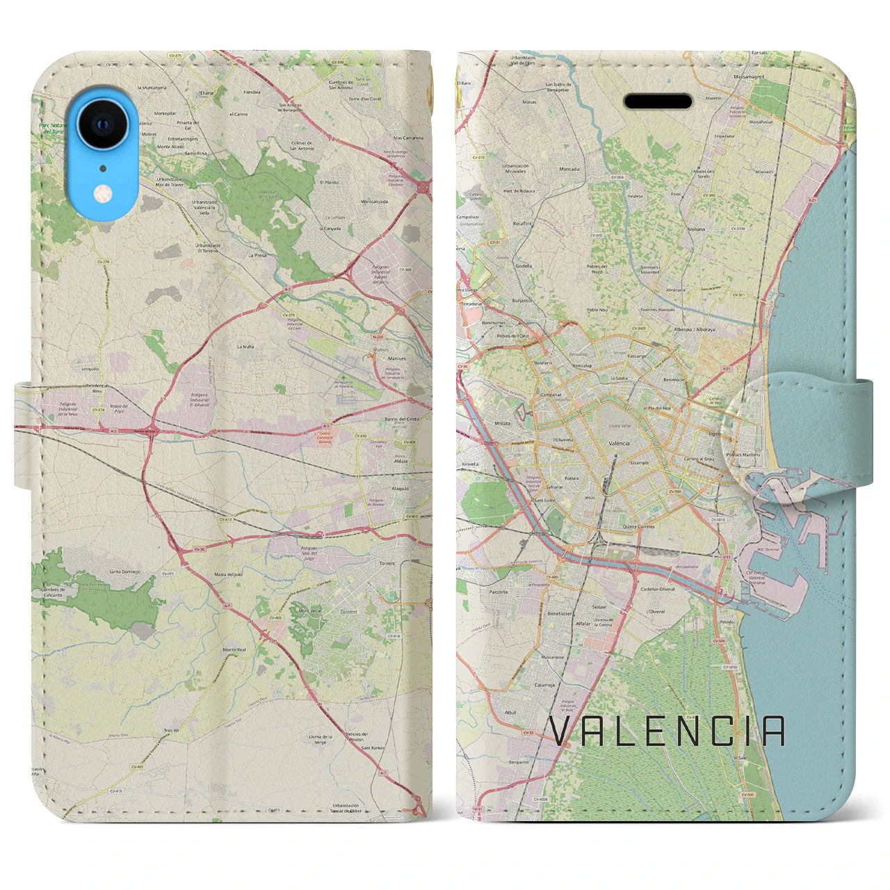 【バレンシア】地図柄iPhoneケース（手帳両面タイプ・ナチュラル）iPhone XR 用
