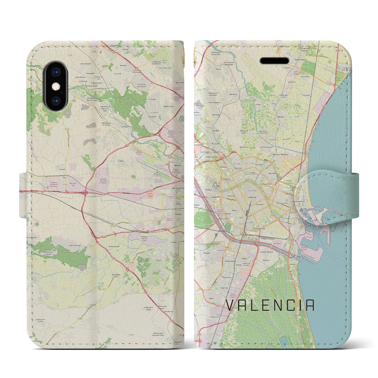 【バレンシア】地図柄iPhoneケース（手帳両面タイプ・ナチュラル）iPhone XS / X 用
