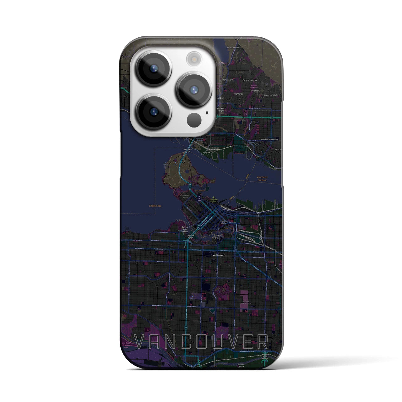 【バンクーバー】地図柄iPhoneケース（バックカバータイプ・ブラック）iPhone 14 Pro 用