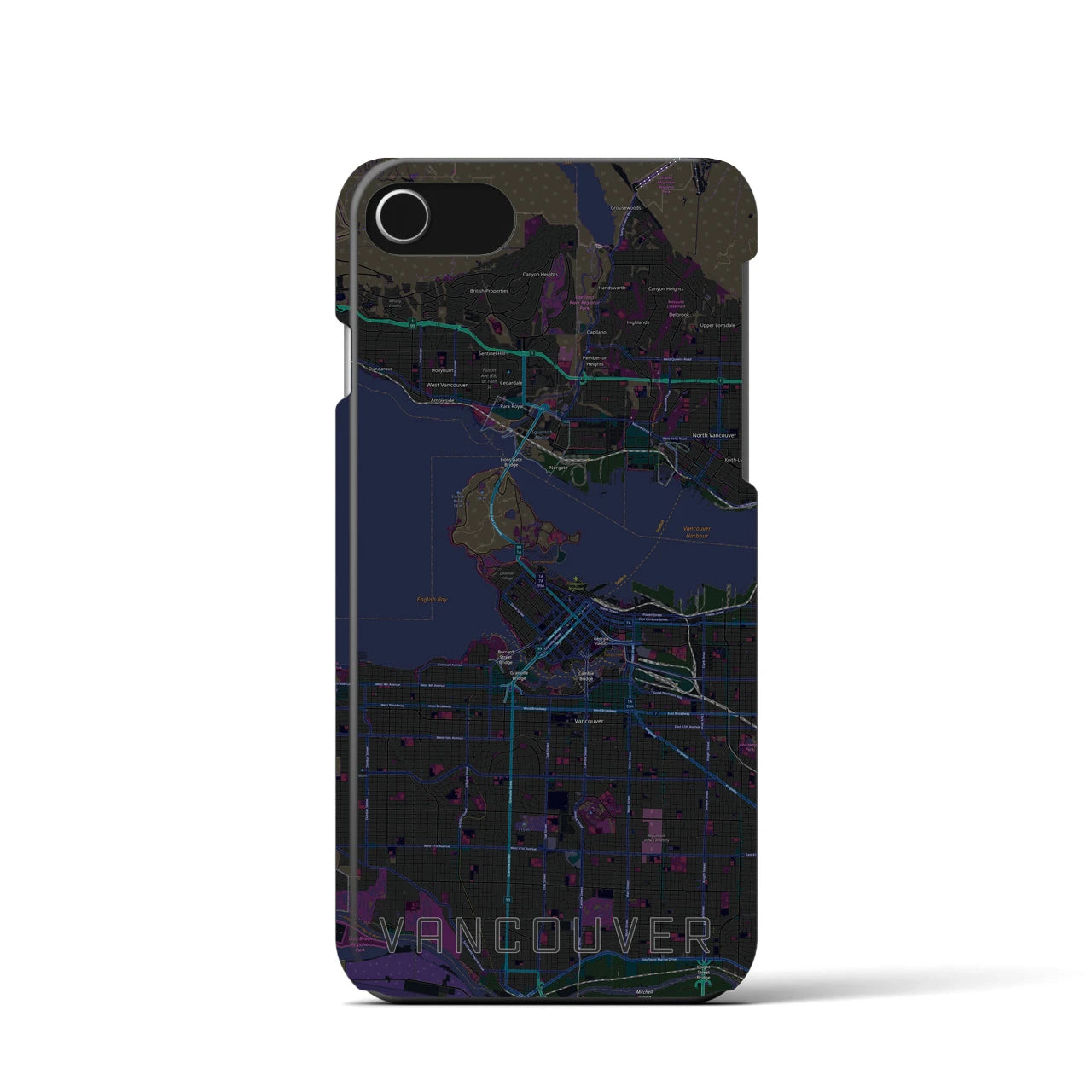 【バンクーバー】地図柄iPhoneケース（バックカバータイプ・ブラック）iPhone SE（第3 / 第2世代） / 8 / 7 / 6s / 6 用