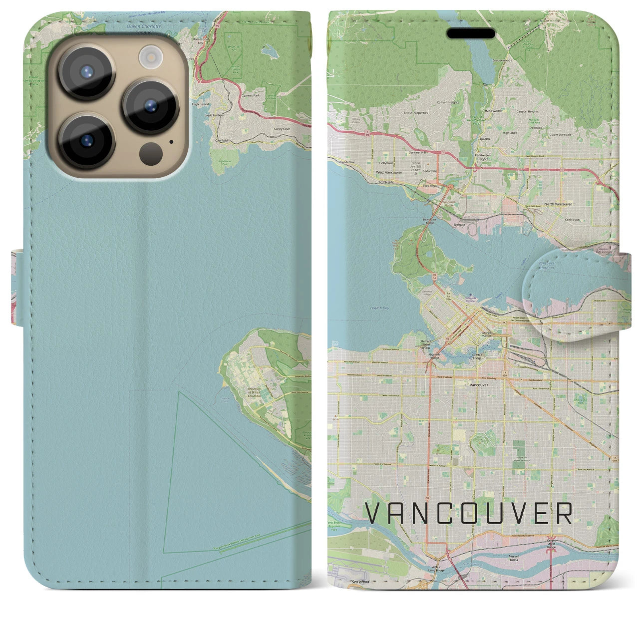 【バンクーバー】地図柄iPhoneケース（手帳両面タイプ・ナチュラル）iPhone 14 Pro Max 用