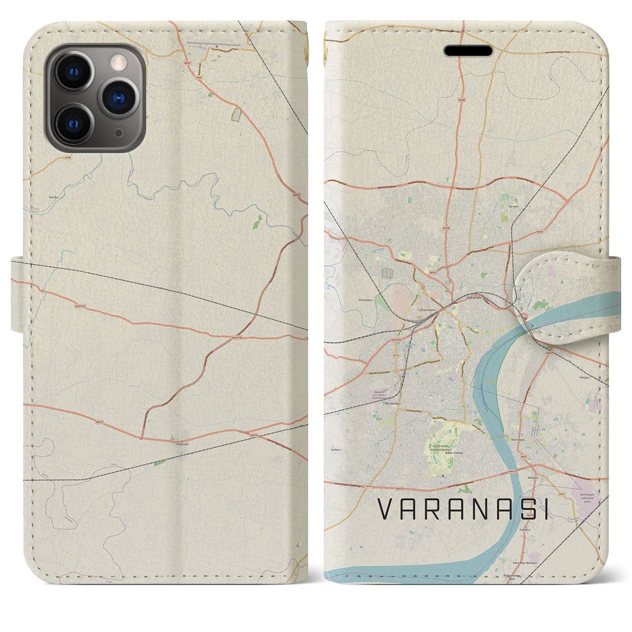 【ヴァーラーナシー】地図柄iPhoneケース（手帳両面タイプ・ナチュラル）iPhone 11 Pro Max 用