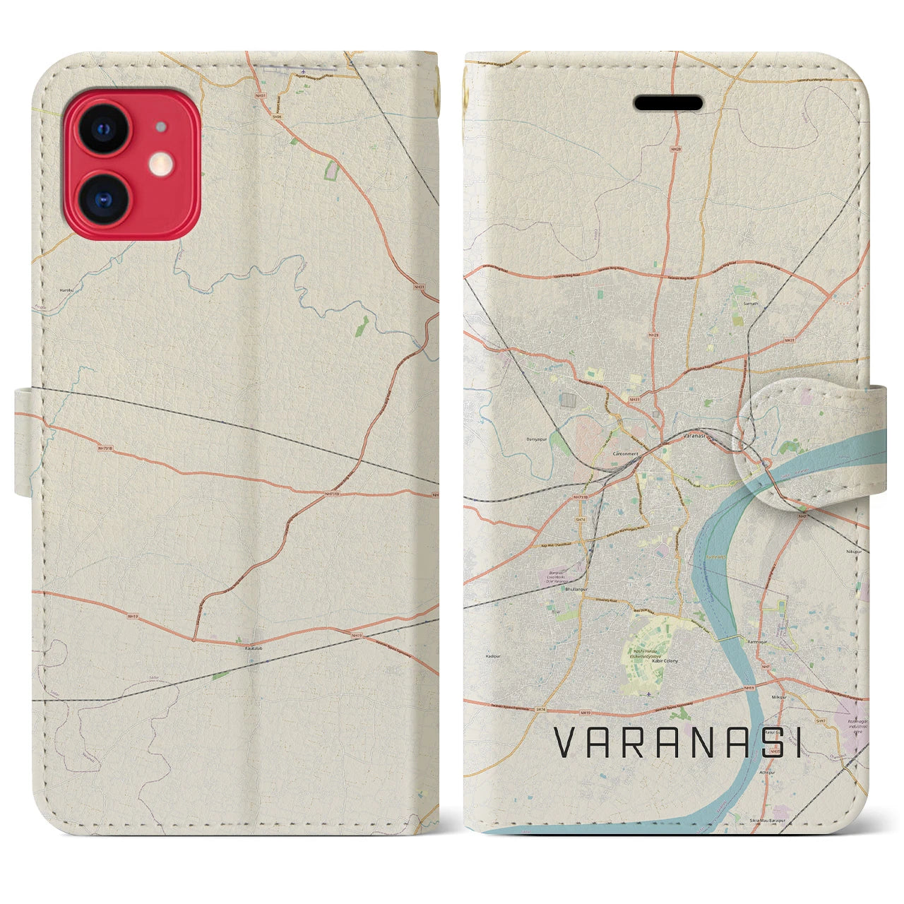 【ヴァーラーナシー】地図柄iPhoneケース（手帳両面タイプ・ナチュラル）iPhone 11 用
