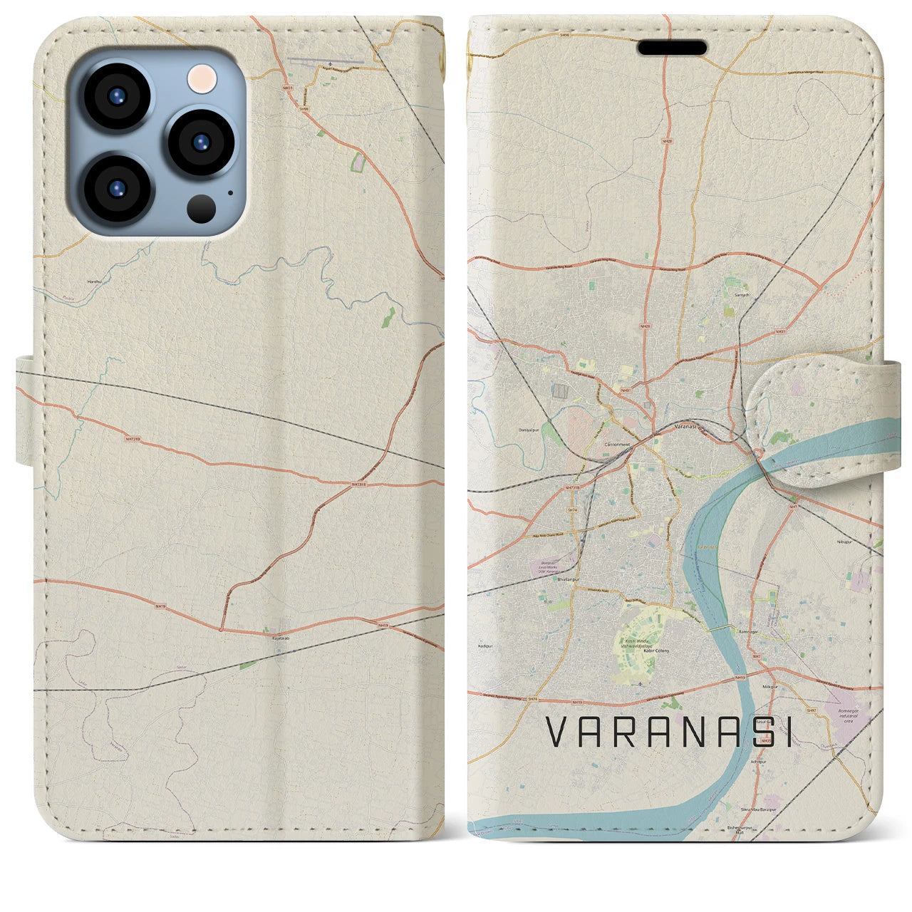 【ヴァーラーナシー】地図柄iPhoneケース（手帳両面タイプ・ナチュラル）iPhone 13 Pro Max 用