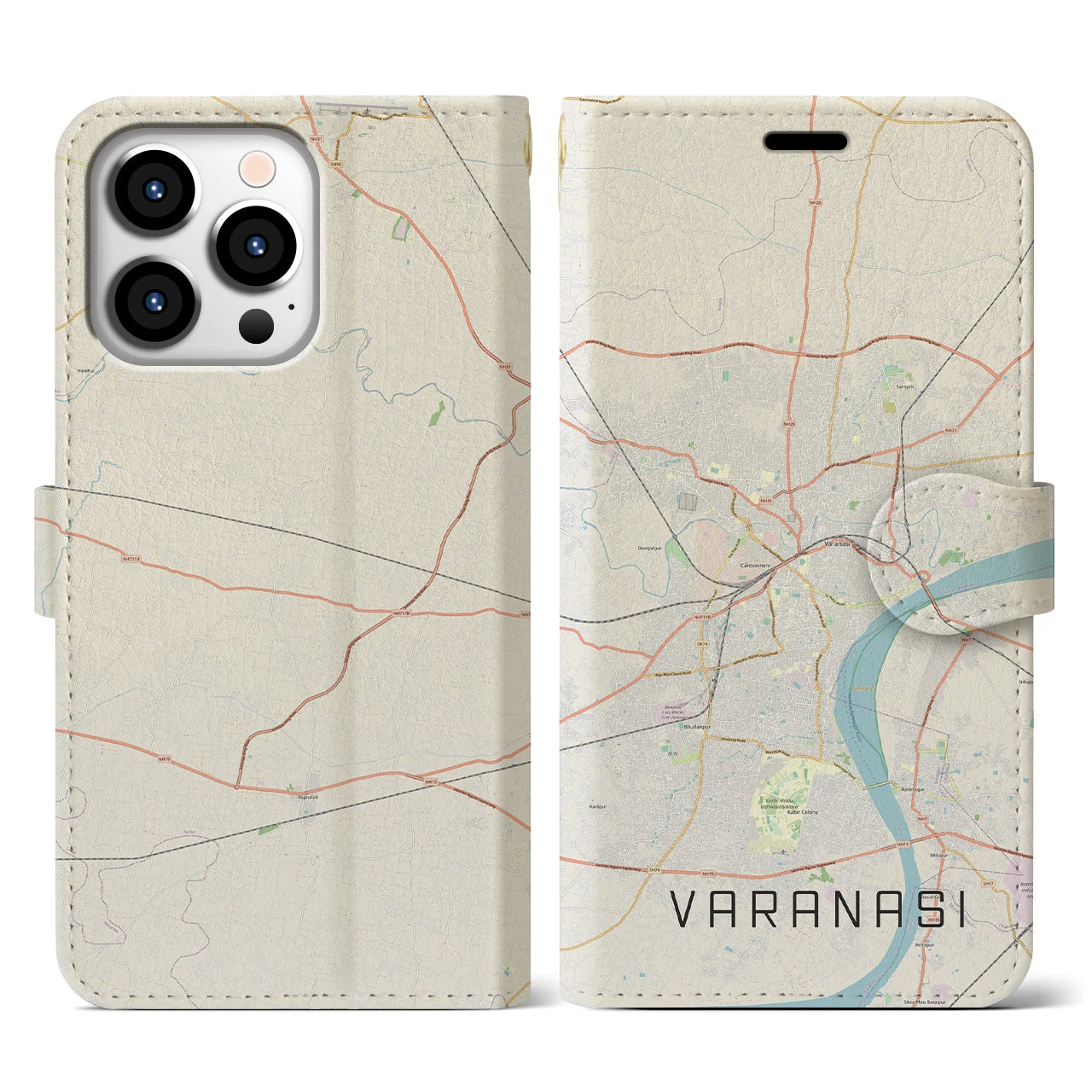 【ヴァーラーナシー】地図柄iPhoneケース（手帳両面タイプ・ナチュラル）iPhone 13 Pro 用