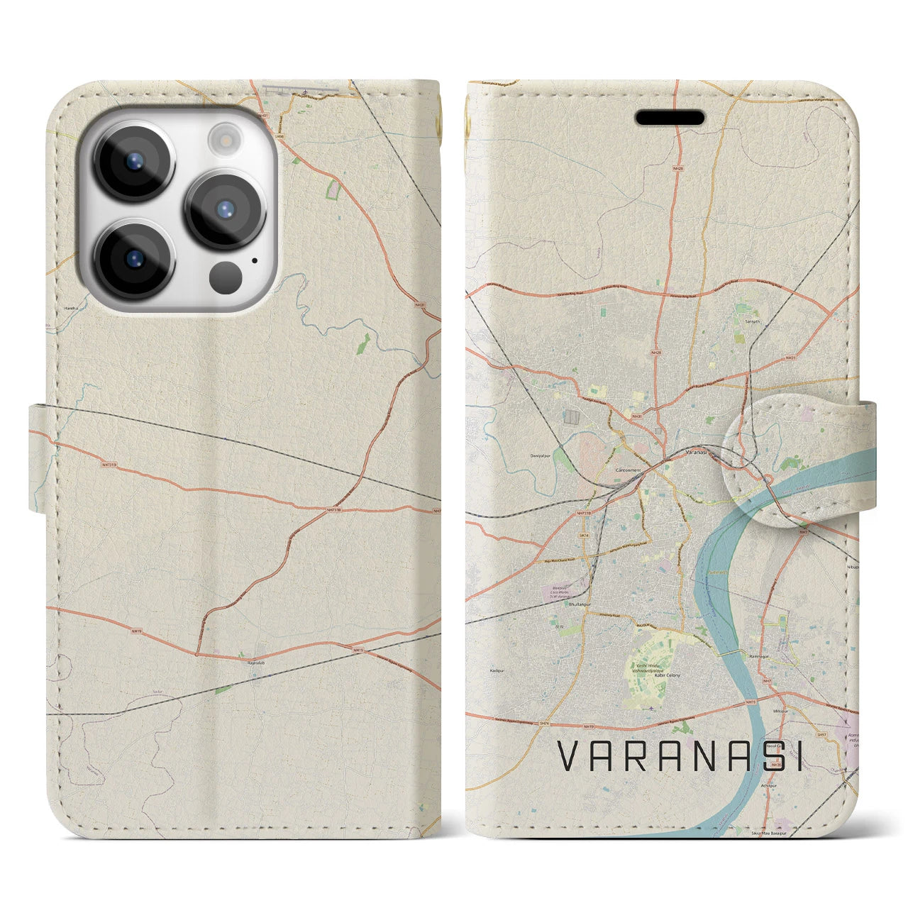 【ヴァーラーナシー】地図柄iPhoneケース（手帳両面タイプ・ナチュラル）iPhone 14 Pro 用