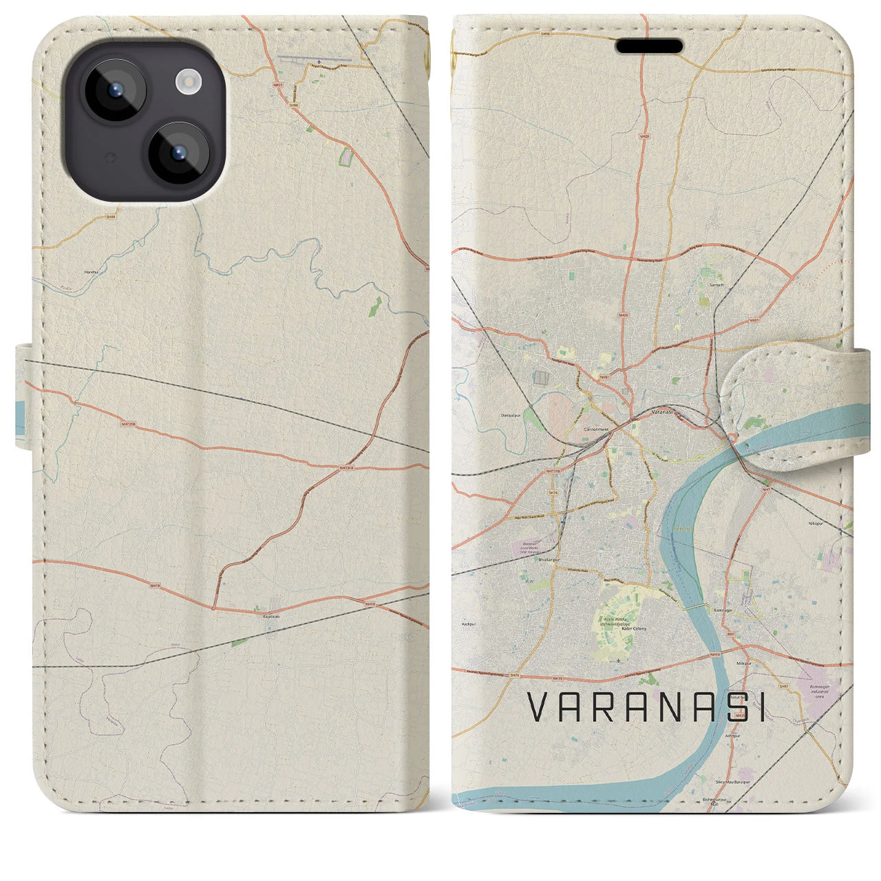 【ヴァーラーナシー】地図柄iPhoneケース（手帳両面タイプ・ナチュラル）iPhone 14 Plus 用