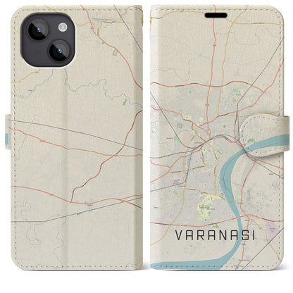 【ヴァーラーナシー（インド）】地図柄iPhoneケース（手帳タイプ）ナチュラル・iPhone 14 Plus 用