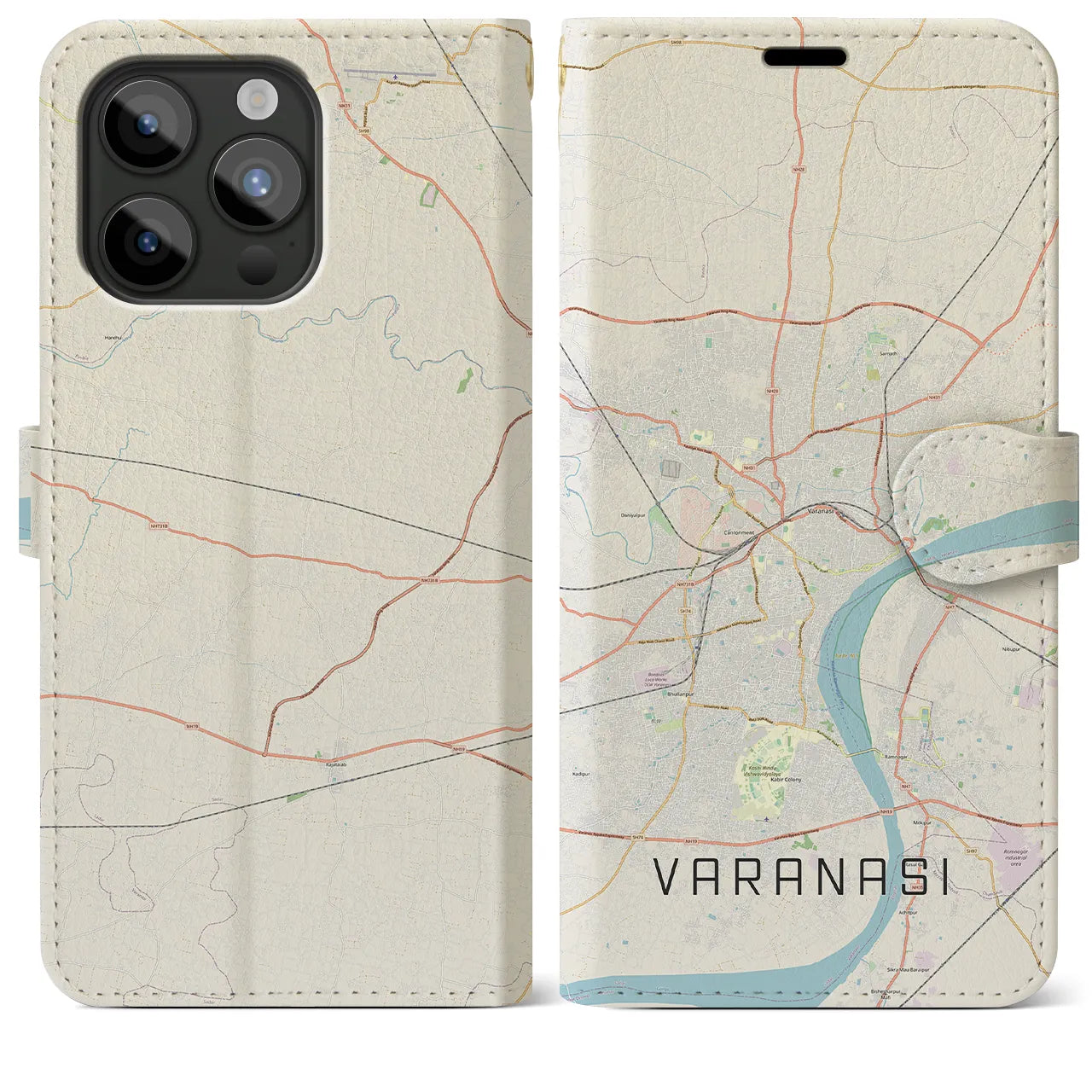 【ヴァーラーナシー】地図柄iPhoneケース（手帳両面タイプ・ナチュラル）iPhone 15 Pro Max 用