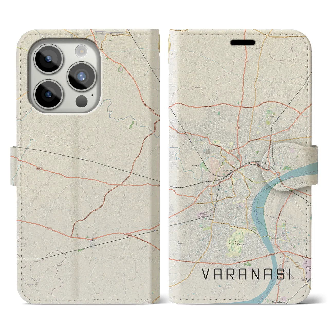 【ヴァーラーナシー】地図柄iPhoneケース（手帳両面タイプ・ナチュラル）iPhone 15 Pro 用