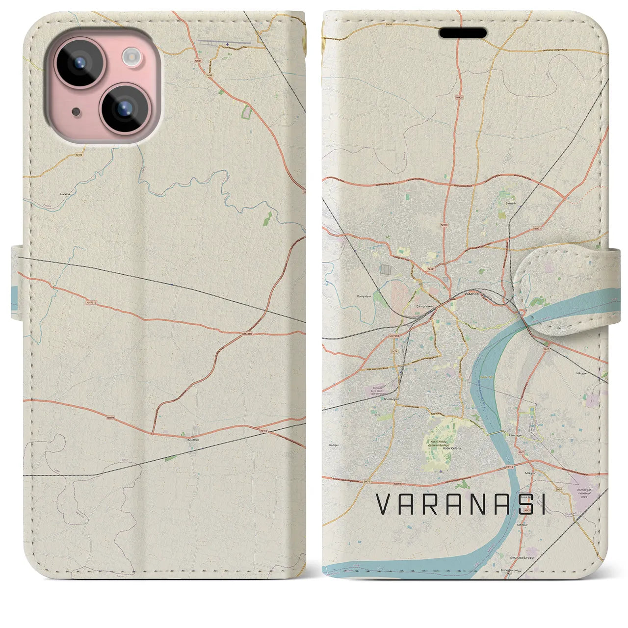 【ヴァーラーナシー】地図柄iPhoneケース（手帳両面タイプ・ナチュラル）iPhone 15 Plus 用