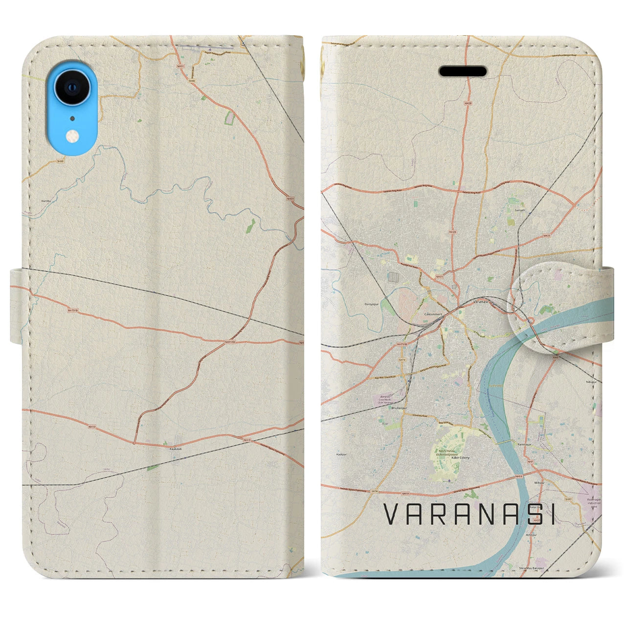 【ヴァーラーナシー】地図柄iPhoneケース（手帳両面タイプ・ナチュラル）iPhone XR 用