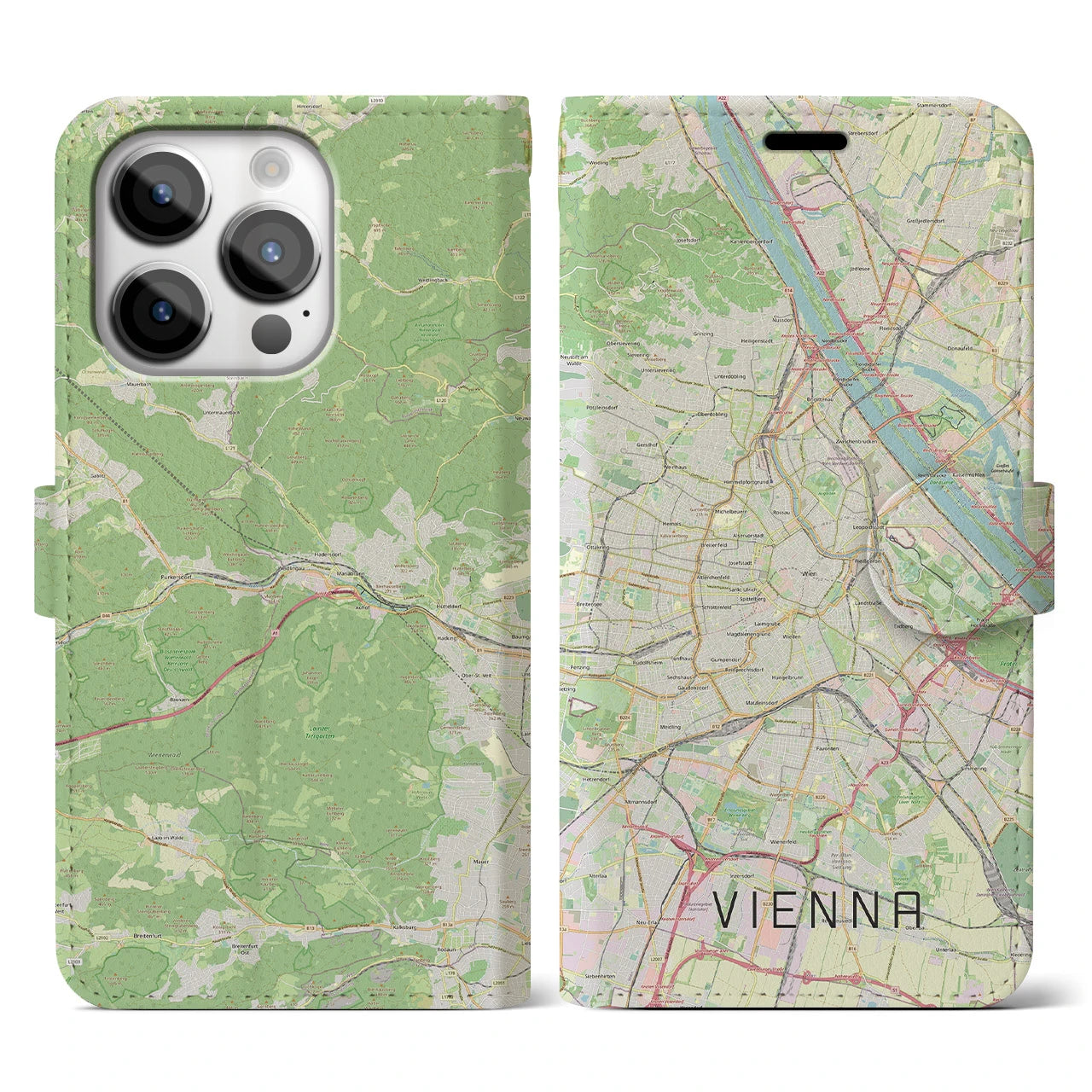 【ウィーン】地図柄iPhoneケース（手帳両面タイプ・ナチュラル）iPhone 14 Pro 用