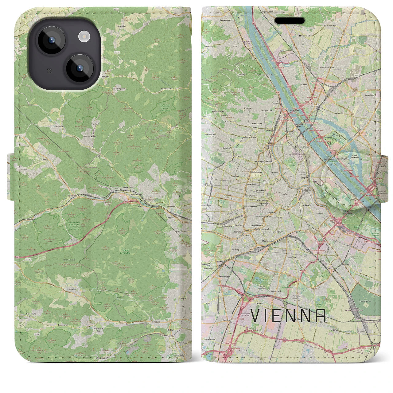 【ウィーン】地図柄iPhoneケース（手帳両面タイプ・ナチュラル）iPhone 14 Plus 用