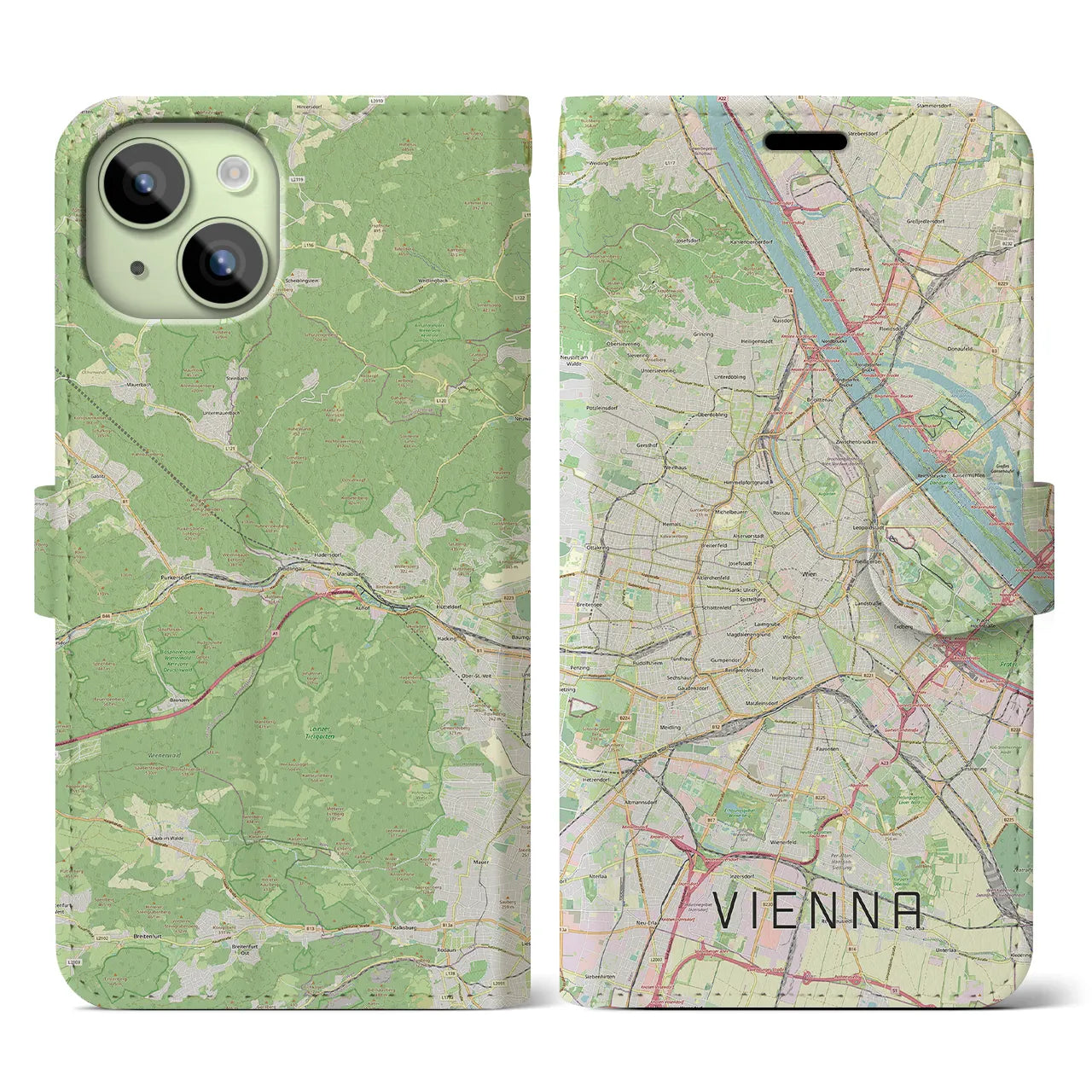 【ウィーン】地図柄iPhoneケース（手帳両面タイプ・ナチュラル）iPhone 15 用