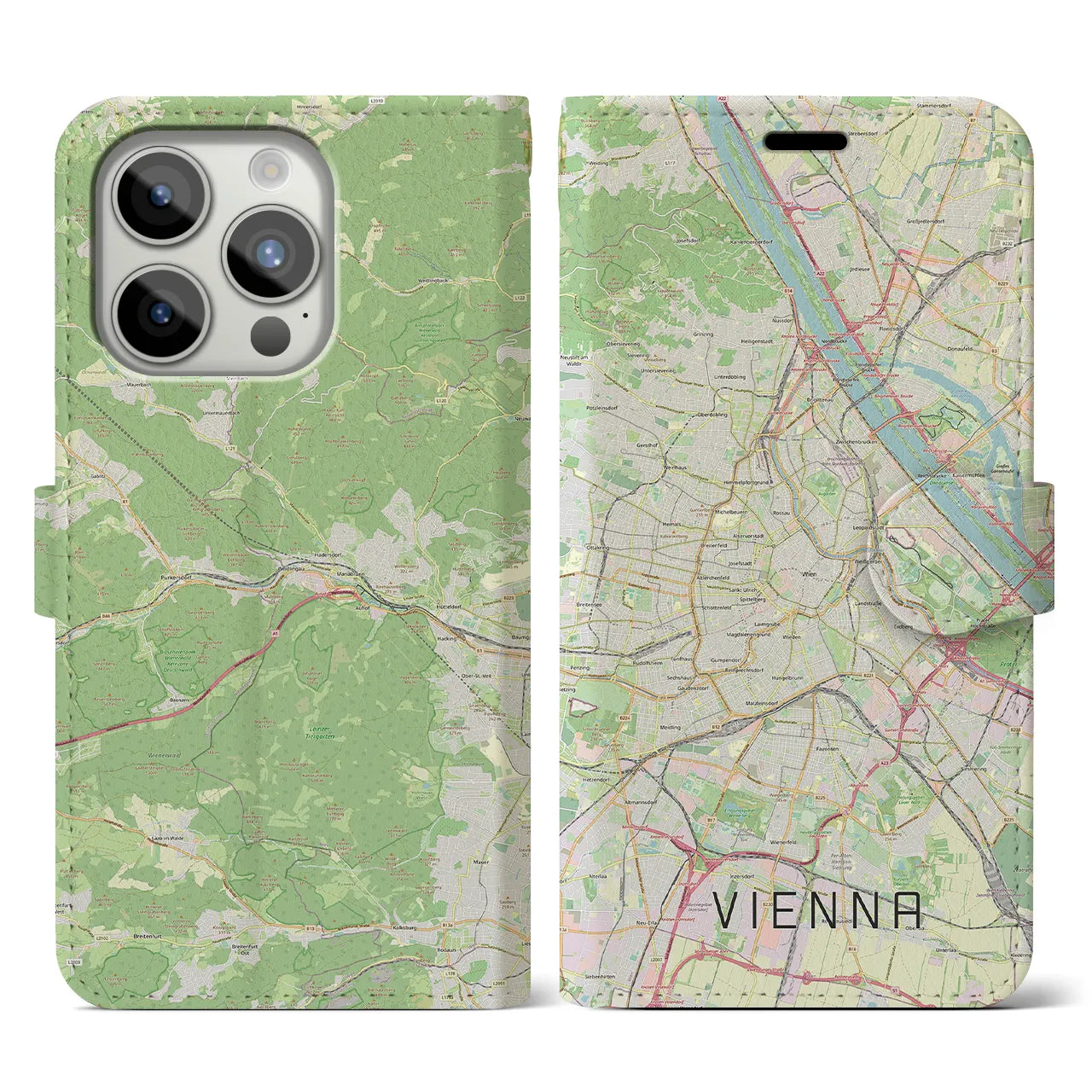 【ウィーン】地図柄iPhoneケース（手帳両面タイプ・ナチュラル）iPhone 15 Pro 用