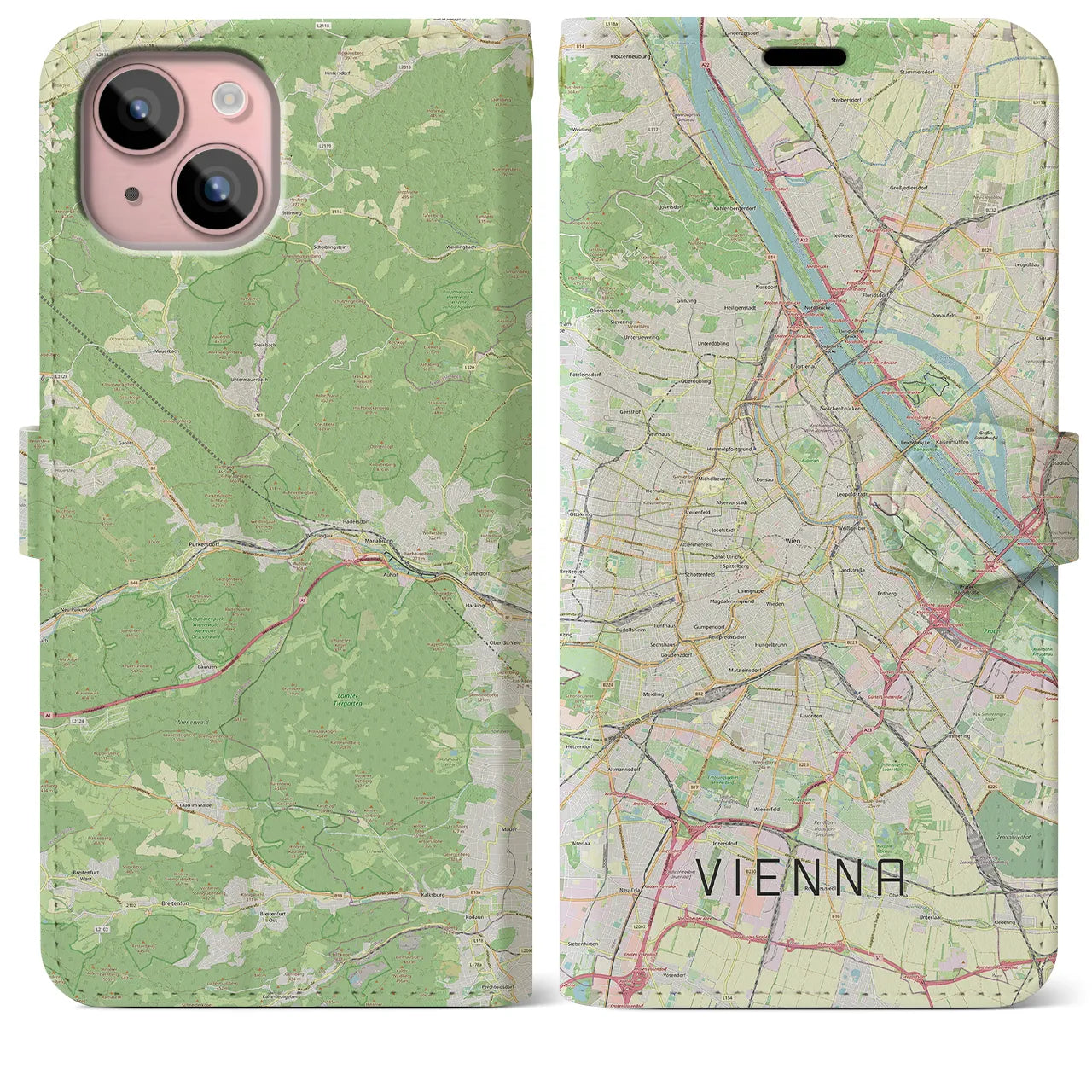 【ウィーン】地図柄iPhoneケース（手帳両面タイプ・ナチュラル）iPhone 15 Plus 用