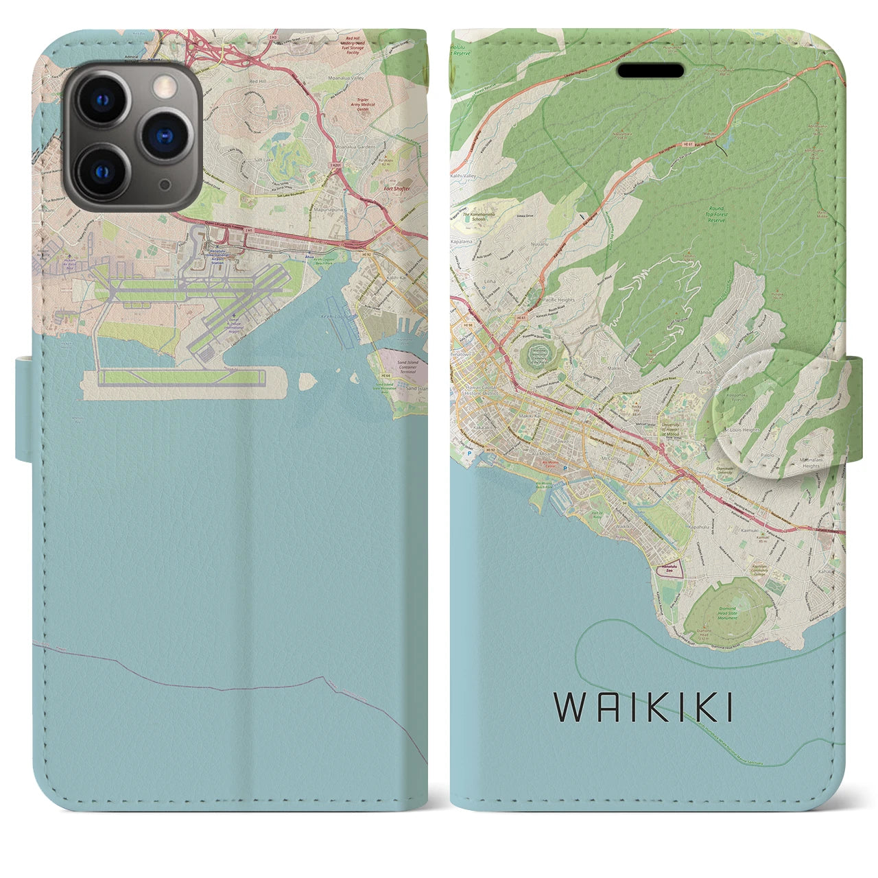 【ワイキキ2】地図柄iPhoneケース（手帳両面タイプ・ナチュラル）iPhone 11 Pro Max 用