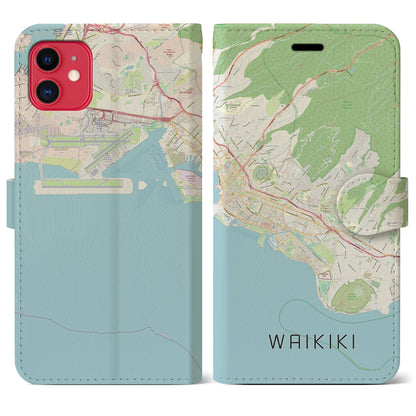 【ワイキキ2（アメリカ）】地図柄iPhoneケース（手帳タイプ）ナチュラル・iPhone 11 用
