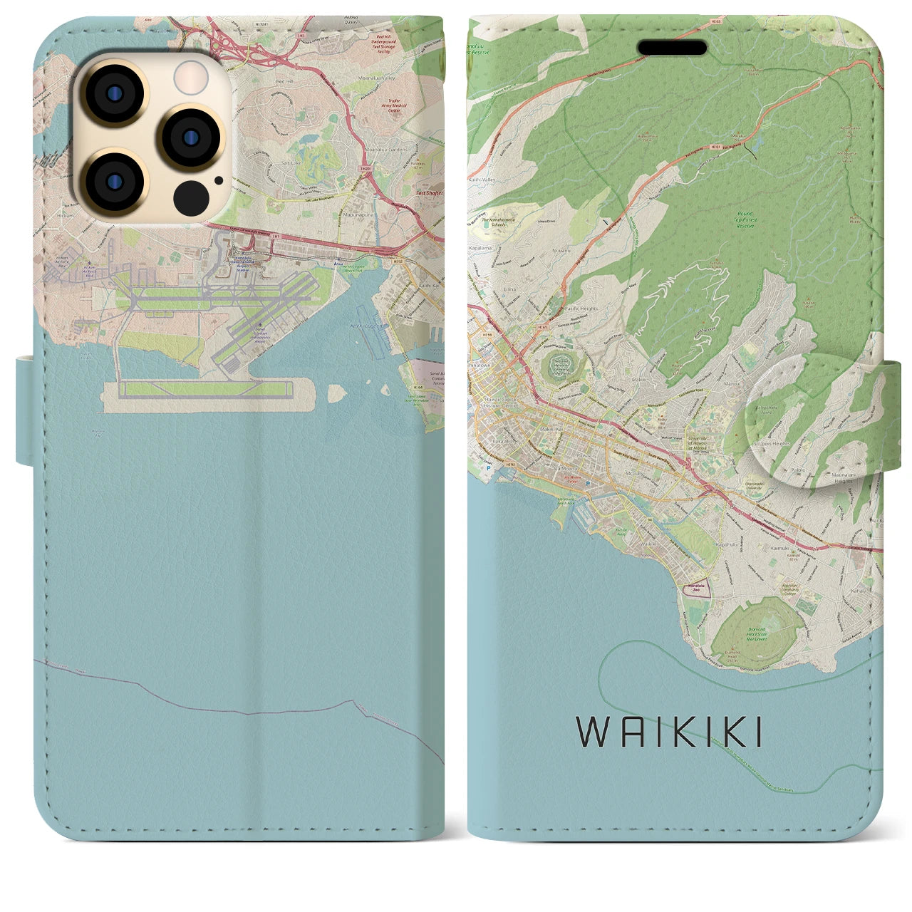 【ワイキキ2】地図柄iPhoneケース（手帳両面タイプ・ナチュラル）iPhone 12 Pro Max 用