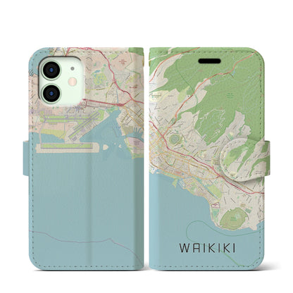 【ワイキキ2（アメリカ）】地図柄iPhoneケース（手帳タイプ）ナチュラル・iPhone 12 mini 用