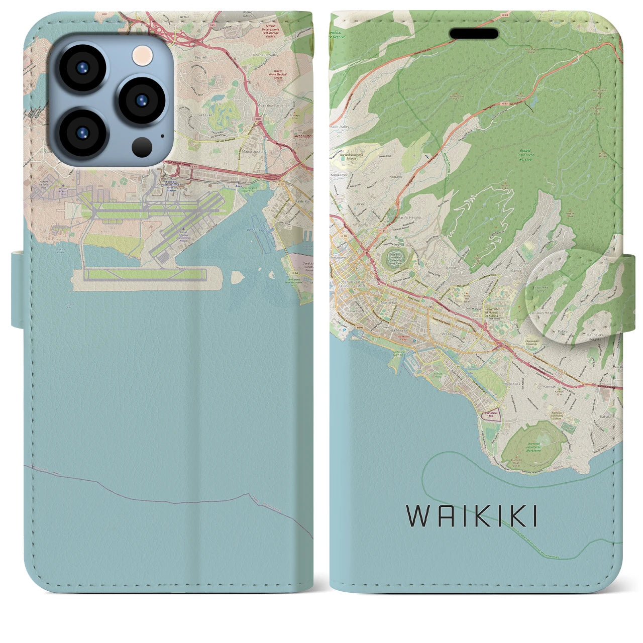 【ワイキキ2】地図柄iPhoneケース（手帳両面タイプ・ナチュラル）iPhone 13 Pro Max 用