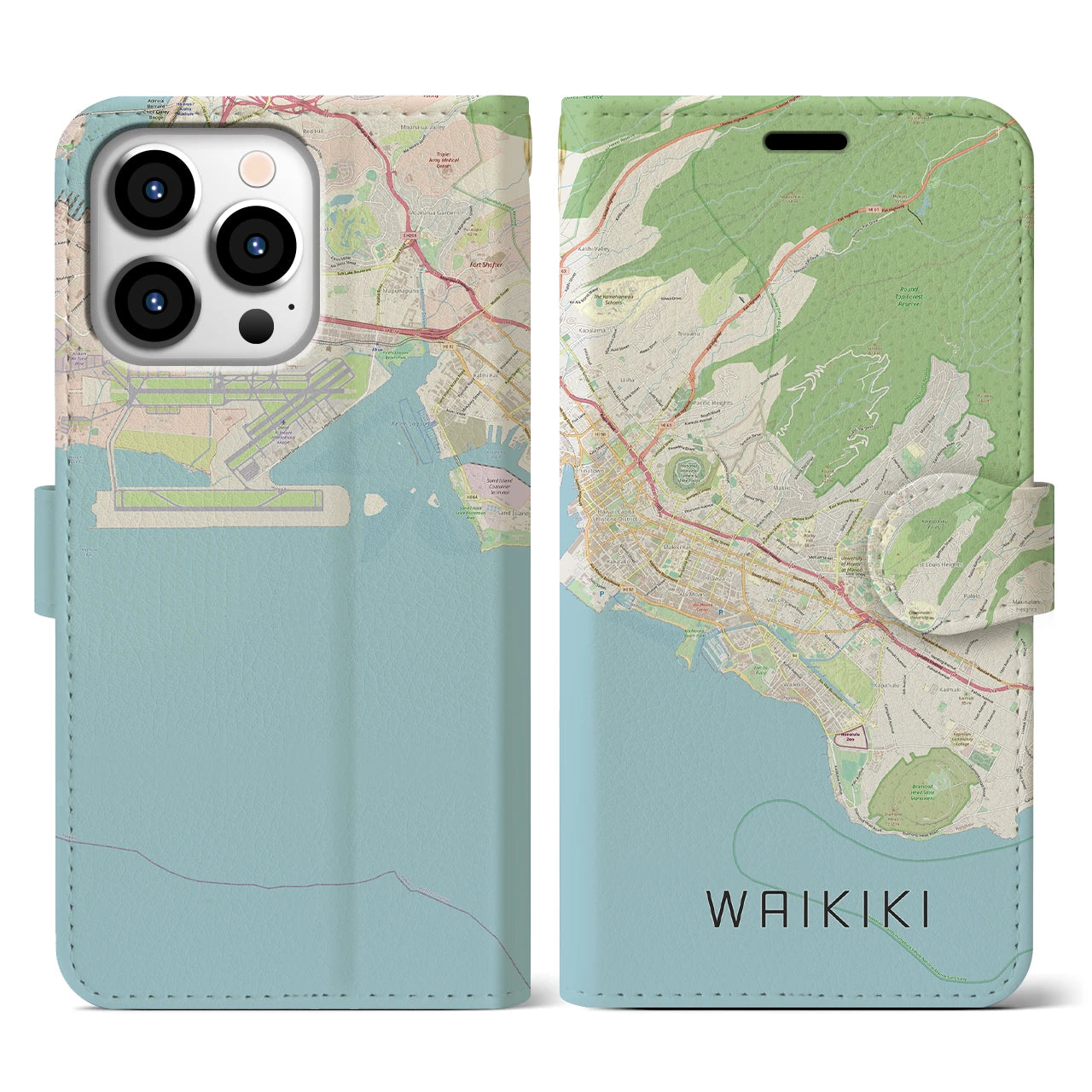 【ワイキキ2】地図柄iPhoneケース（手帳両面タイプ・ナチュラル）iPhone 13 Pro 用