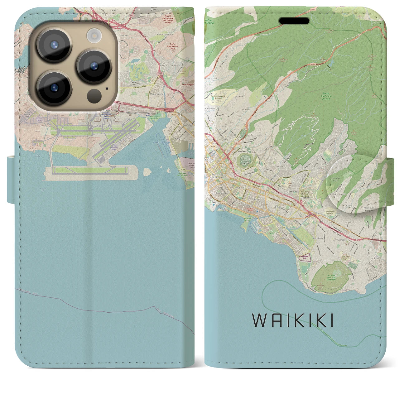 【ワイキキ2】地図柄iPhoneケース（手帳両面タイプ・ナチュラル）iPhone 14 Pro Max 用