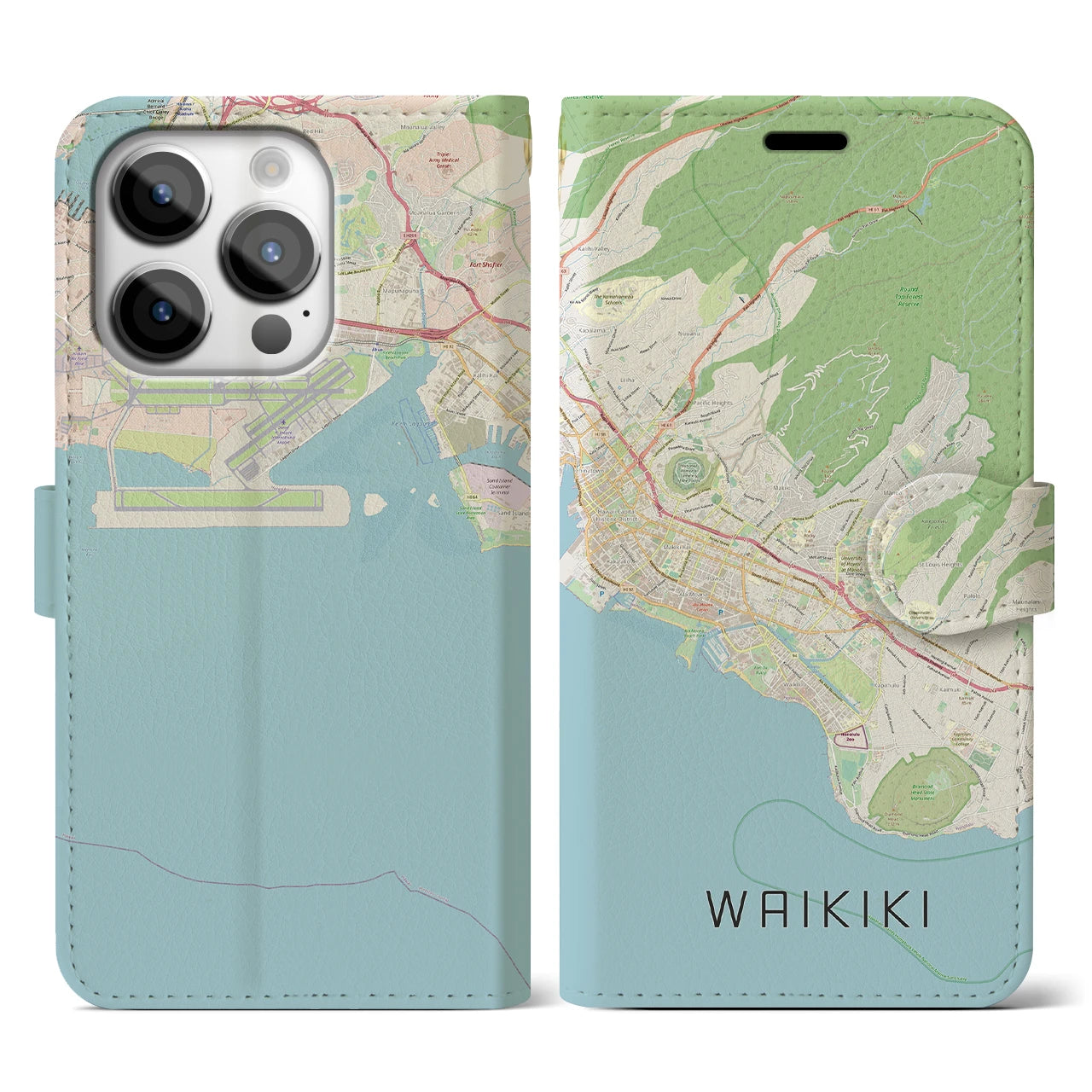 【ワイキキ2】地図柄iPhoneケース（手帳両面タイプ・ナチュラル）iPhone 14 Pro 用